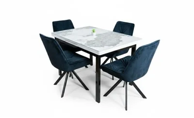 Set Masă Living Extensibilă Blat Ceramic KJT416 / DT018 Alb-Cappuccino cu 4 Scaune KJC0356 Negre