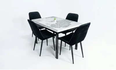 Set Masă Living Extensibilă Blat Ceramic KJT416 Alb-Cappuccino cu 4 Scaune KJC176 Negre