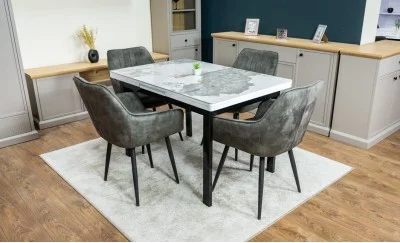 Set Masă Living Extensibilă Blat Ceramic KJT416 Alb-Cappuccino cu 4 Scaune KJC4343 Gri Deschis