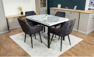 Set Masă Living Extensibilă Blat Ceramic KJT416 Alb-Cappuccino cu 4 Scaune KJC4343 Gri Închis
