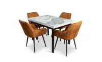 Set Masă Living Extensibilă Blat Ceramic KJT416 Alb-Cappuccino cu 4 Scaune KJC4343 Portocalii 1