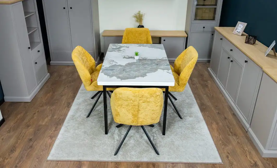 Set Masă Living Extensibilă Blat Ceramic KJT416 Alb-Cappuccino cu 4 Scaune KJC4347 Galbene 9