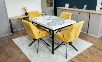 Set Masă Living Extensibilă Blat Ceramic KJT416 Alb-Cappuccino cu 4 Scaune KJC4347 Galbene