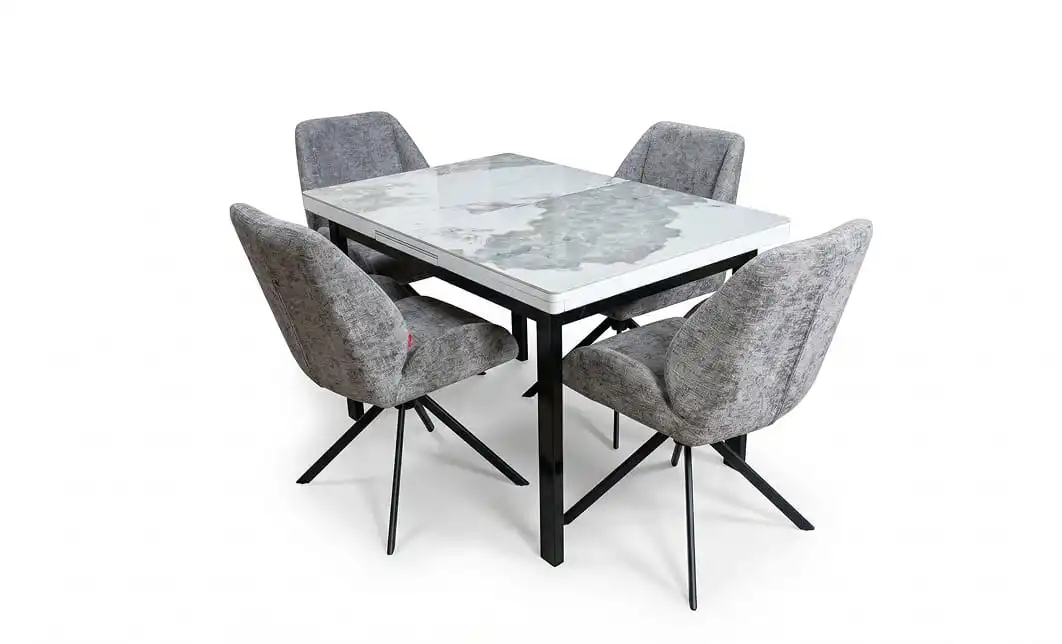 Set Masă Living Extensibilă Blat Ceramic KJT416 Alb-Cappuccino cu 4 Scaune KJC4347 Gri 1