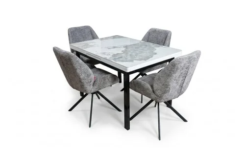 Set Masă Living Extensibilă Blat Ceramic KJT416 Alb-Cappuccino cu 4 Scaune KJC4347 Gri