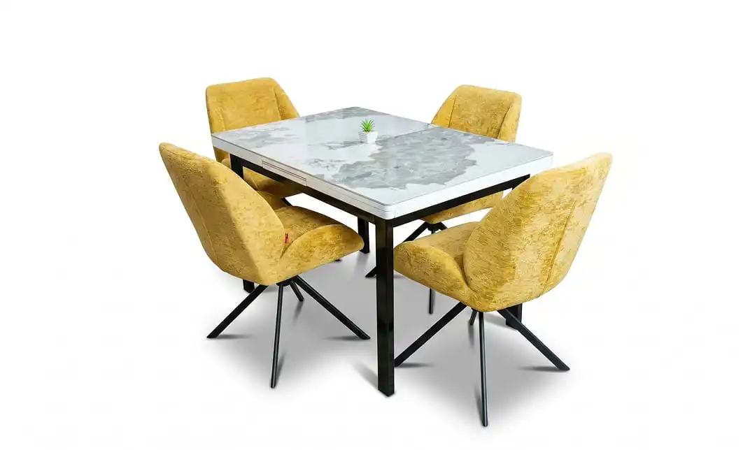 Set Masă Living Extensibilă Blat Ceramic KJT416 Alb-Cappuccino cu 4 Scaune KJC4347 Galbene 1