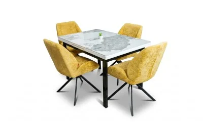 Set Masă Living Extensibilă Blat Ceramic KJT416 Alb-Cappuccino cu 4 Scaune KJC4347 Galbene