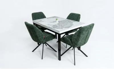 Set Masă Living Extensibilă Blat Ceramic KJT416 Alb-Cappuccino cu 4 Scaune KJC4347 Verzi