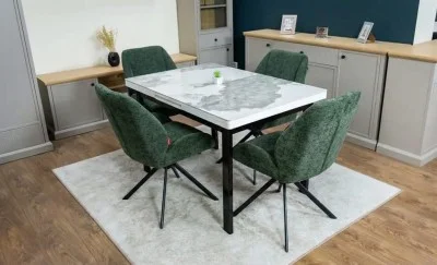 Set Masă Living Extensibilă Blat Ceramic KJT416 Alb-Cappuccino cu 4 Scaune KJC4347 Verzi