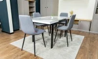 Set Masă Living Extensibilă Blat Ceramic KJD416 Alb-Cappuccino cu 4 Scaune KJC5341 Gri