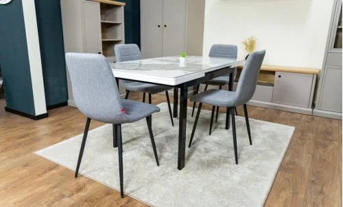 Set Masă Living Extensibilă Blat Ceramic KJD416 Alb-Cappuccino cu 4 Scaune KJC5341 Gri