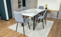 Set Masă Living Extensibilă Blat Ceramic KJD416 Alb-Cappuccino cu 4 Scaune KJC5341 Gri
