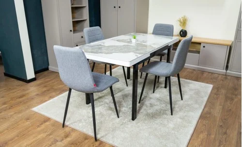 Set Masă Living Extensibilă Blat Ceramic KJD416 Alb-Cappuccino cu 4 Scaune KJC5341 Gri