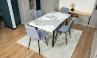 Set Masă Living Extensibilă Blat Ceramic KJD416 Alb-Cappuccino cu 4 Scaune KJC5341 Gri