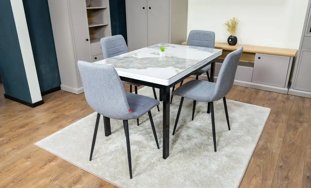 Set Masă Living Extensibilă Blat Ceramic KJD416 Alb-Cappuccino cu 4 Scaune KJC5341 Gri