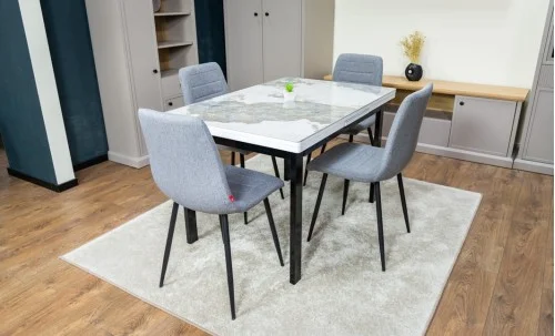 Set Masă Living Extensibilă Blat Ceramic KJD416 Alb-Cappuccino cu 4 Scaune KJC5341 Gri