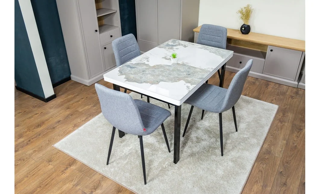 Set Masă Living Extensibilă Blat Ceramic KJD416 Alb-Cappuccino cu 4 Scaune KJC5341 Gri