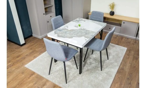 Set Masă Living Extensibilă Blat Ceramic KJD416 Alb-Cappuccino cu 4 Scaune KJC5341 Gri