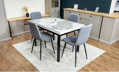 Set Masă Living Extensibilă Blat Ceramic KJD416 Alb-Cappuccino cu 4 Scaune KJC5341 Gri