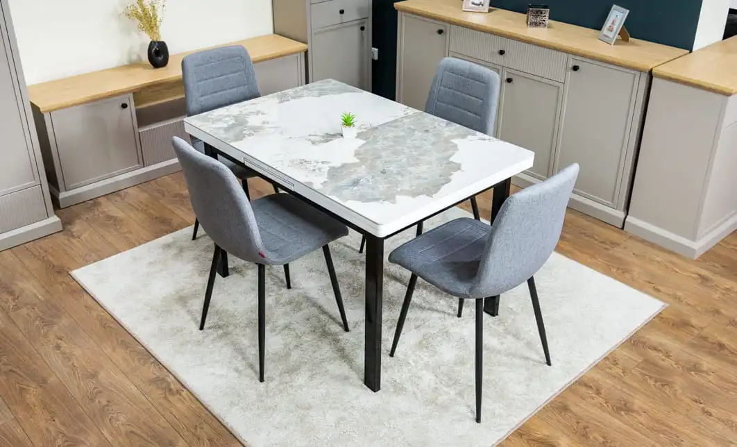 Set Masă Living Extensibilă Blat Ceramic KJD416 Alb-Cappuccino cu 4 Scaune KJC5341 Gri 2