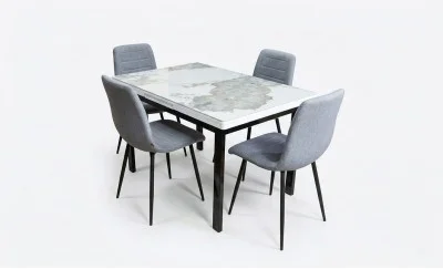 Set Masă Living Extensibilă Blat Ceramic KJD416 Alb-Cappuccino cu 4 Scaune KJC5341 Gri