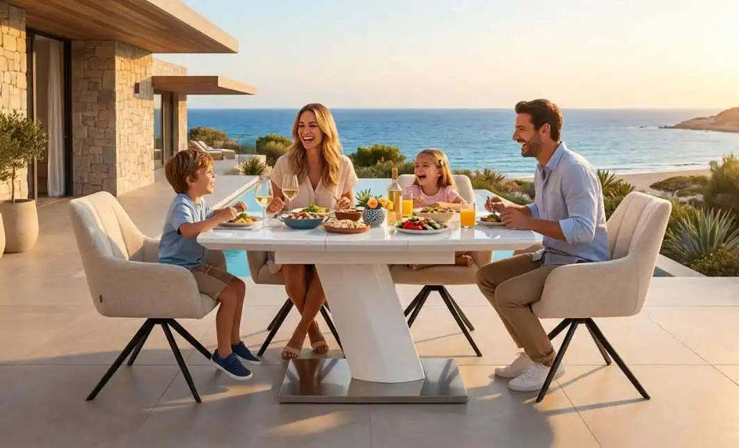 Set Masa Living Extensibila KJT380 Alb cu 6 Scaune KJC356 Bej 5