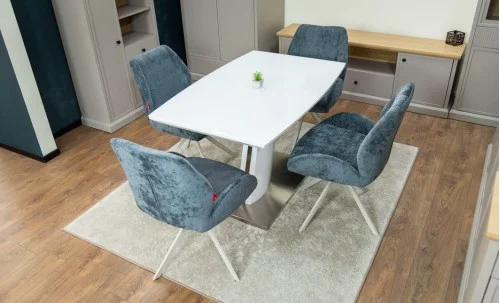 Set Masă Living Extensibilă KJT380 Blat Lucios Alb cu 4 Scaune Rotative DCM0104CS Gri