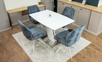 Set Masă Living Extensibilă KJT380 Blat Lucios Alb cu 4 Scaune Rotative DCM0104CS Gri