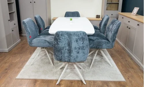Set Masă Living Extensibilă KJT380 Blat Lucios Alb cu 6 Scaune Rotative DCM0104CS Gri