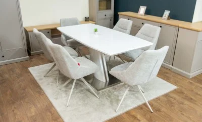 Set Masă Living Extensibilă KJT380 Blat Lucios Alb cu 6 Scaune Rotative DCM0108CS Gri Deschis