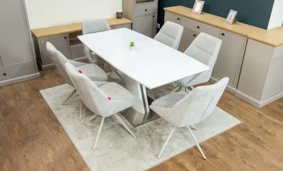 Set Masă Living Extensibilă KJT380 Blat Lucios Alb cu 6 Scaune Rotative DCM0108CS Gri Deschis