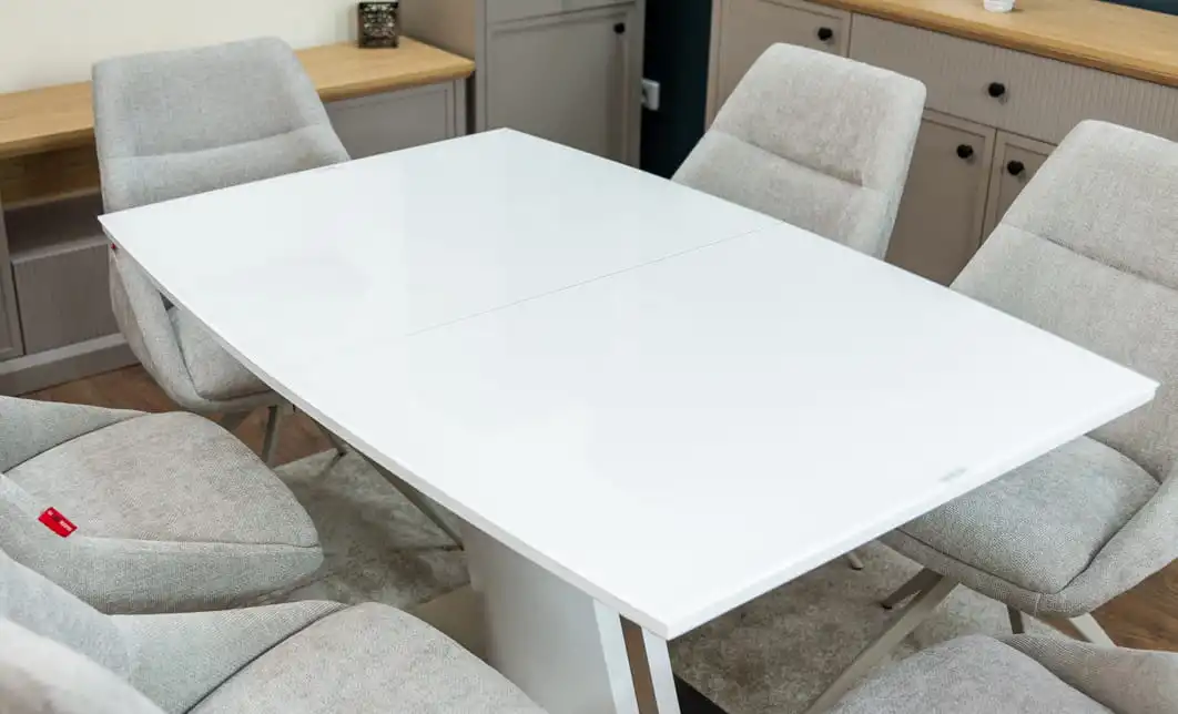 Set Masă Living Extensibilă KJT380 Blat Lucios Alb cu 6 Scaune Rotative DCM0108CS Gri Deschis 8