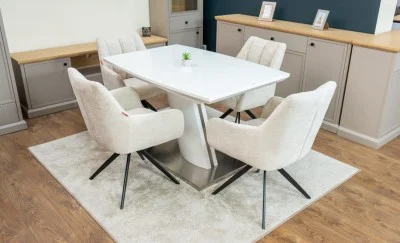 Set Masă Living Extensibilă KJT380 Blat Lucios Alb cu 4 Scaune DCM0112AS Bej