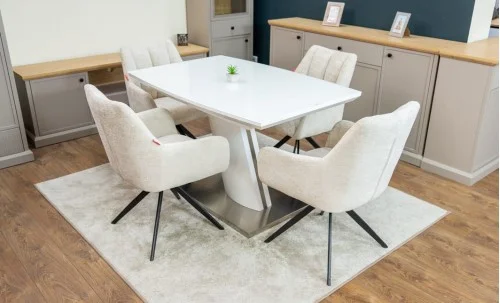 Set Masă Living Extensibilă KJT380 Blat Lucios Alb cu 4 Scaune DCM0112AS Bej