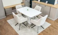 Set Masă Living Extensibilă KJT380 Blat Lucios Alb cu 4 Scaune DCM0112AS Bej 1