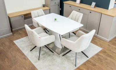 Set Masă Living Extensibilă KJT380 Blat Lucios Alb cu 4 Scaune DCM0112AS Bej
