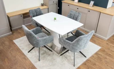 Set Masă Living Extensibilă KJT380 Blat Lucios Alb cu 4 Scaune Rotative DCM0112 Gri