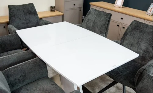Set Masă Living Extensibilă KJT380 Blat Lucios Alb cu 6 Scaune Rotative DCM0601AS Gri Închis
