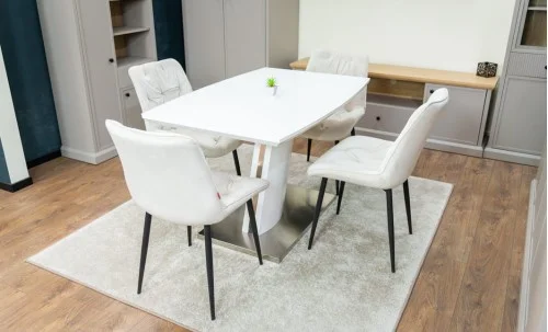 Set Masă Living Extensibilă KJT380 Blat Lucios Alb cu 4 Scaune Tapițate KJC0357 Bej