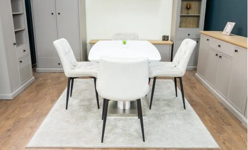 Set Masă Living Extensibilă KJT380 Blat Lucios Alb cu 4 Scaune Tapițate KJC0357 Bej