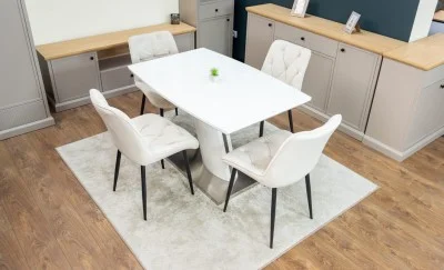 Set Masă Living Extensibilă KJT380 Blat Lucios Alb cu 4 Scaune Tapițate KJC0357 Bej