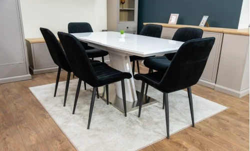 Set Masă Living Extensibilă KJT380 Blat Lucios Alb cu 6 Scaune Tapițate KJC176 Negre
