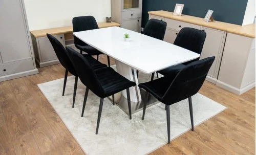 Set Masă Living Extensibilă KJT380 Blat Lucios Alb cu 6 Scaune Tapițate KJC176 Negre