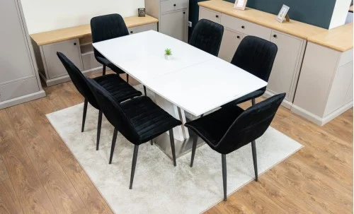 Set Masă Living Extensibilă KJT380 Blat Lucios Alb cu 6 Scaune Tapițate KJC176 Negre