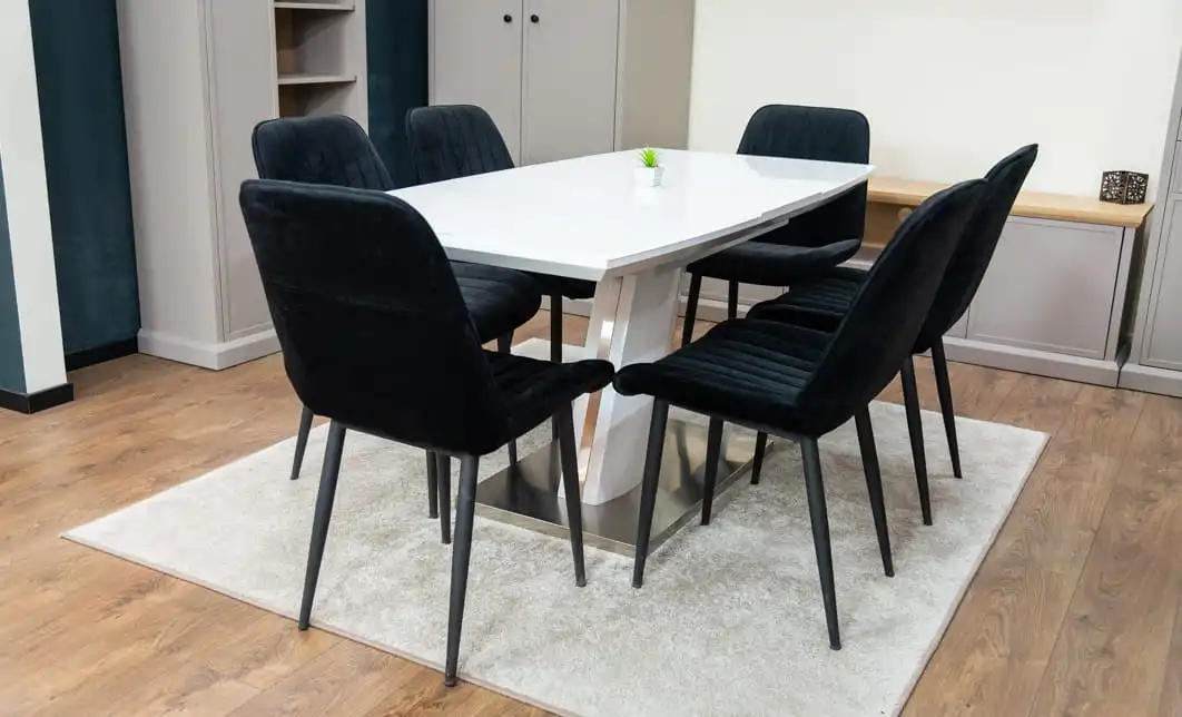 Set Masă Living Extensibilă KJT380 Blat Lucios Alb cu 6 Scaune Tapițate KJC176 Negre 3