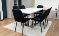 Set Masă Living Extensibilă KJT380 Blat Lucios Alb cu 6 Scaune Tapițate KJC176 Negre 3