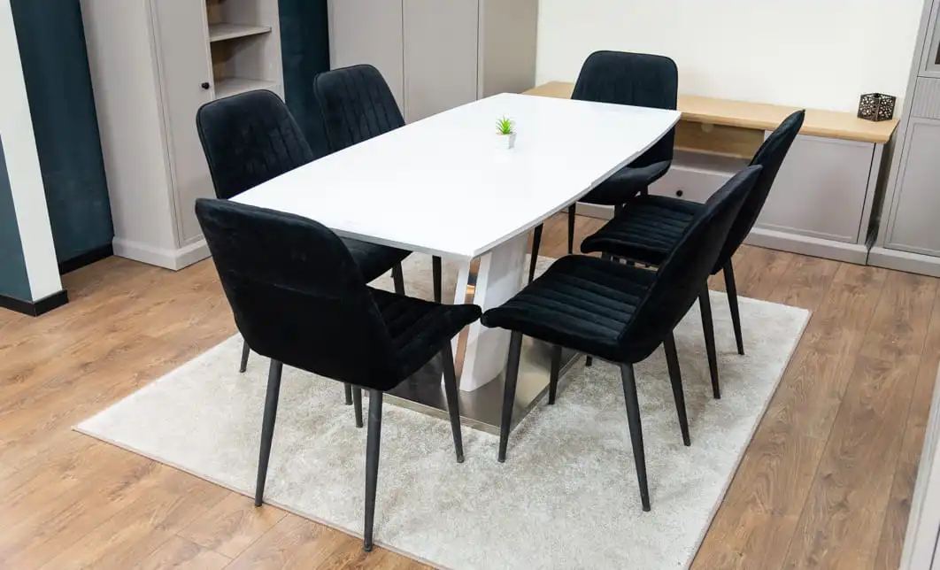 Set Masă Living Extensibilă KJT380 Blat Lucios Alb cu 6 Scaune Tapițate KJC176 Negre 4