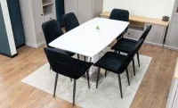 Set Masă Living Extensibilă KJT380 Blat Lucios Alb cu 6 Scaune Tapițate KJC176 Negre 5