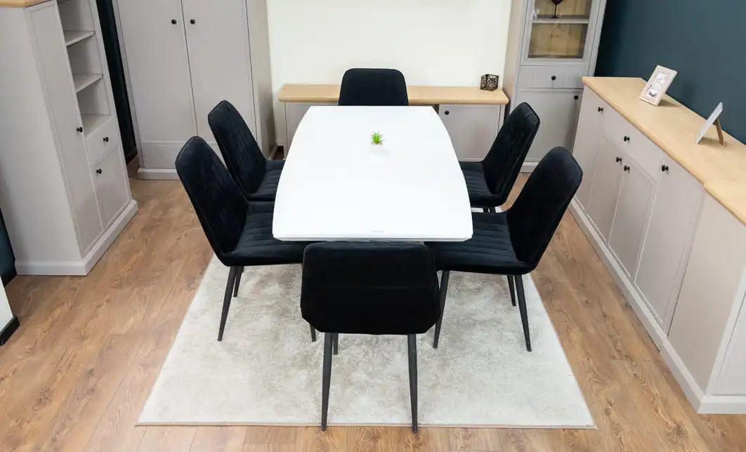 Set Masă Living Extensibilă KJT380 Blat Lucios Alb cu 6 Scaune Tapițate KJC176 Negre 7