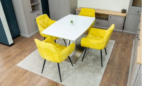 Set Masă Living Extensibilă KJT380 Blat Lucios Alb cu 4 Scaune KJC38 Galbene